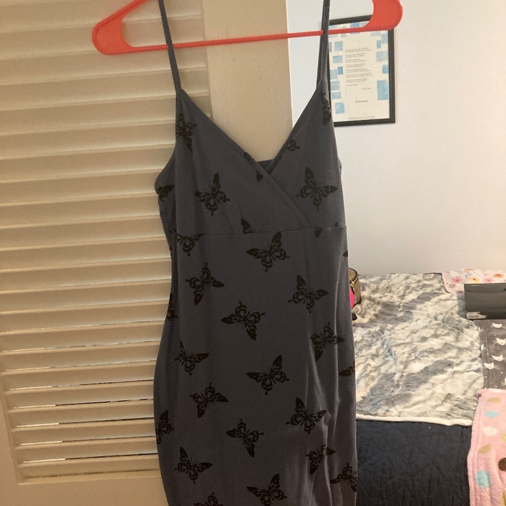 Bluish purple dress with black butterfly print